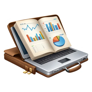 Icon for Business Reading: an open book with a graph and financial charts, a briefcase, a calculator, and a laptop nearby. The icon should represent the world of business, finance, and professional growth. Transparent background. sticker