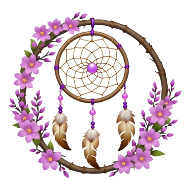 A white-birch-circle-framed Dreamcatcher. with purple-round-orbs, gold-rings hanging down. purple flowers, pink sakura flowers, sticker