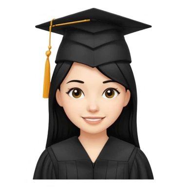 white girl with straight black hair, wearing a black graduation cap and gown, smiling sticker