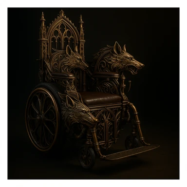 Add a gothic steampunk wolf detail to the wheelchair, keeping brass and iron materials, gothic arches, mechanical embellishments, and a moody atmosphere. The design should reflect a gothic steampunk style with a focus on metalwork and architectural gothic elements. sticker