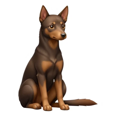 cinematic-[australian kelpie]-realistic-full-body-sitting-emoji,-tail-resting-loosely-beside-its-paws,-head-tilted-dramatically, -sleek-[Brown and tan]-fur,-simplified-yet-realistic-focused-features,-highly-detailed,-glowing-with-an-almost-sarcastic-glow sticker