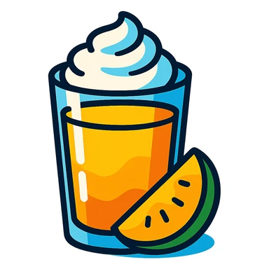 a transparent glass with mango juice gradient from dark to light and whipped cream, vibrant cartoon style sticker