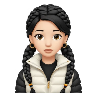 generate a pretty bratz girl with a WHITE puffer jacket, hoops, long braided hair black sticker
