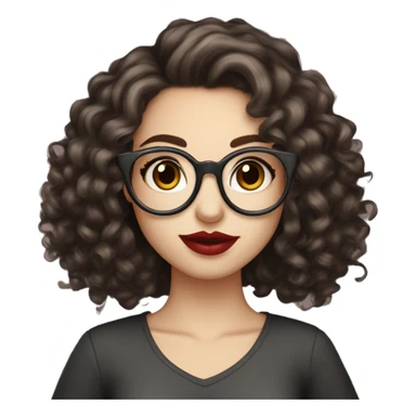 girl, dark brown hair, big lashes, big lips, curly hair, glasses, dark brown eyes, pale skin, red lips, long hair, holding starbusk sticker