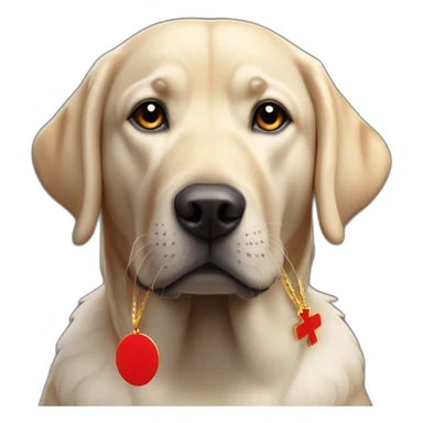 Labrador de couleur noir avec un bandeau rouge et une médaille sticker
