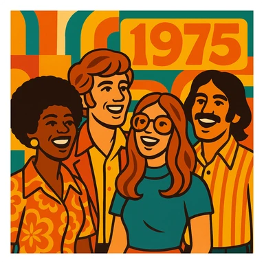 four people looking happy, inspired by the year 1975, retro fashion and hairstyles, vibrant and joyful atmosphere sticker