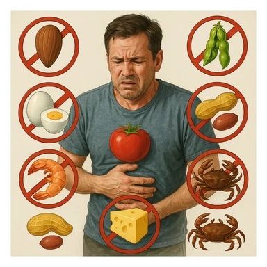 A 40-year-old man suffering from food intolerances, inspired by the reference image, showing symptoms of illness after eating, surrounded by symbols of forbidden foods. Realistic or illustrative style with a neutral background. sticker