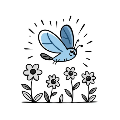 Blue butterfly with a cheerful smile flying around spring flowers and sunshine sticker