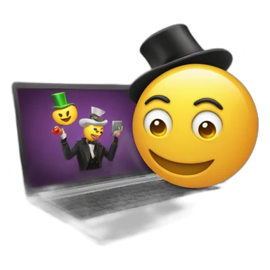 magician programming a laptop with an emoji of a truck on the laptop screen sticker