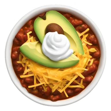 Bowl of chili with shredded cheese, dollop of sour cream and diced avocado on top  sticker