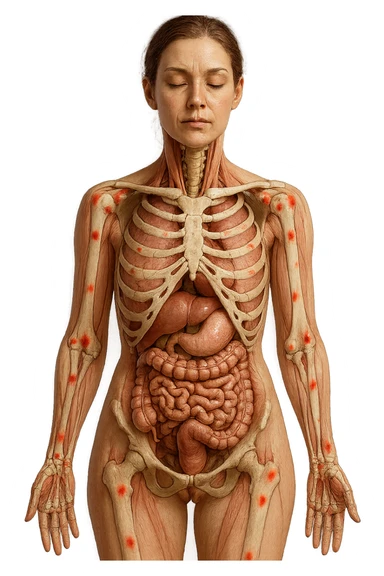 corpo umano anatomico di una donna affetta da fibromialgia, intestino anatomico realistico e red spot sparsi sulle sue ossa, iperrealistica 4k sticker