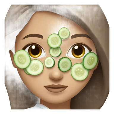 White girl with Brown hair and blue eyes wears a Green colored skincare clay textured mask and puts on cucumbers around her eyes while She relaxes in her white Robe sticker