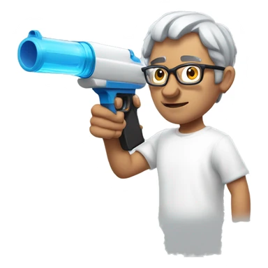 Turkish man with grey hair and protective glasses and white t-shirt aiming a water gun with one hand while standing sideways sticker