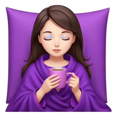 girl brunette inside a violet blanket sipping coffee from pink mug eyes closed sticker