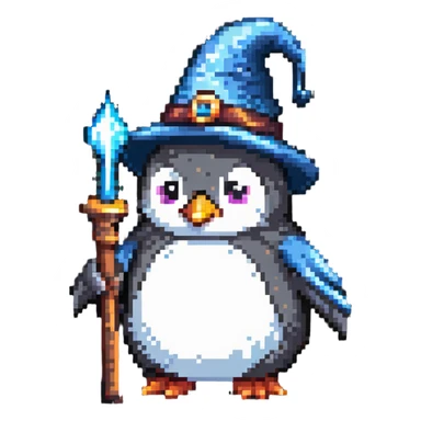 Penguin dressed as a wizard with a magical wand and pointy wizard hat sticker