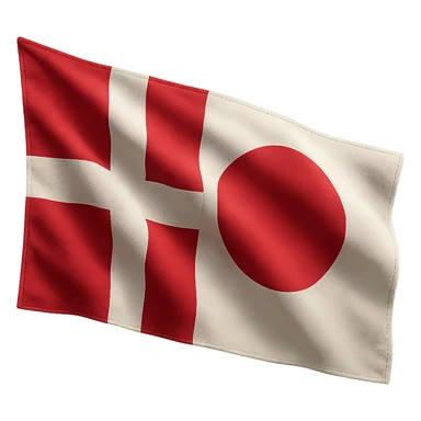 photo-realistic hybrid of Denmark and Japan flags with visible stitching, waving in the wind, no background sticker