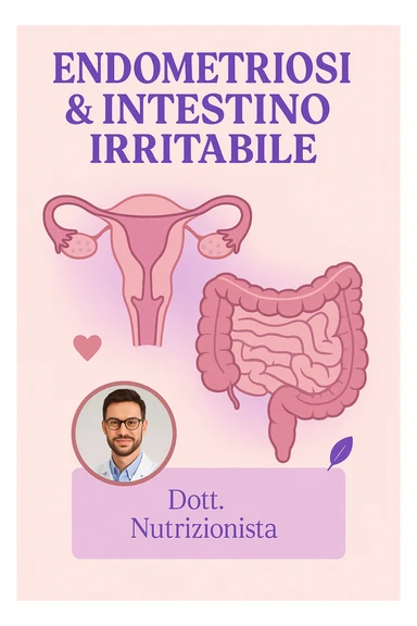 Vertical editorial-style carousel slide inspired by the provided image, main color harmonious warm violet #7C3AED with soft blush pink background #F8E1E7, title 'ENDOMETRIOSI & INTESTINO IRRITABILE' in bold violet with subtle lilac shadow, anatomical illustrations of uterus and intestines centered with gentle pink or lilac glow behind them, circular badge at bottom left with professional male nutritionist's photo bordered in rose gold #D4A5A5, name and title in lilac box, small accent icons heart or leaf in rose gold and violet, overall mood professional welcoming visually balanced harmonized color palette sticker