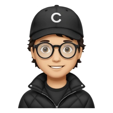 Young man wearing a black puffer jacket, black baseball cap, round black glasses, wavy hair peeking out from under the cap, smiling
 sticker