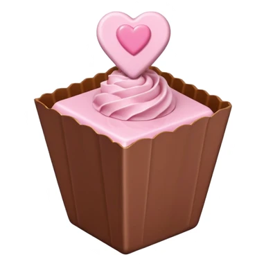 Two square milk chocolate , Each praline is a sharp-edged cube with smooth glossy chocolate coating, placed in a small white fluted paper candy cup. On top of each cube is a flat pastel pink heart-shaped icing sticker
