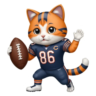 Rocky the cat in a Chicago Bears football uniform scoring a touchdown sticker