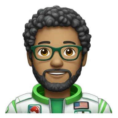 Light skin Man with black short curly hear and beard and black glasses wearing a green and white astronaut suit sticker