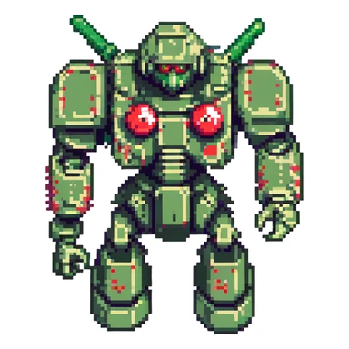 Zaku robot, pixel art style, green color, red mono-eye, blocky proportions, no text sticker
