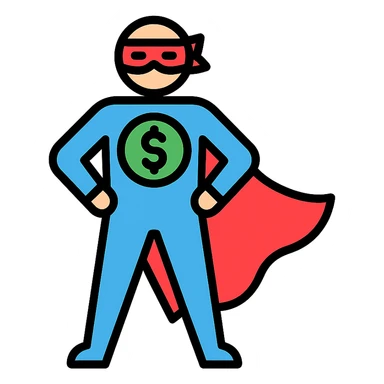 masked superhero with cape, striking heroic pose, green money symbol on chest, flat vector style sticker