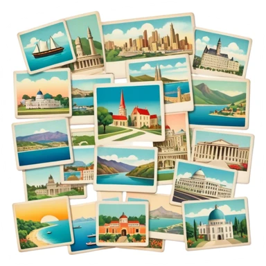 Icon for Postcard Collecting: a collection of colorful vintage postcards, featuring scenic views, landmarks, and greetings, arranged neatly in an album or on a display board. The icon should convey the charm and nostalgia of postcard collecting. Transparent background. sticker