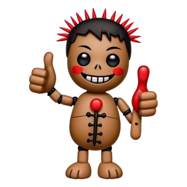 black and red voodoo doll with a thumbs up, with pins in it sticker