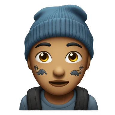 An emoji sad face with face tattoos and a beanie sticker