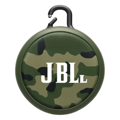 Super simplified JBL Clip 4, basic round speaker with hook, minimal green camouflage pattern, clear JBL logo, iOS emoji style sticker