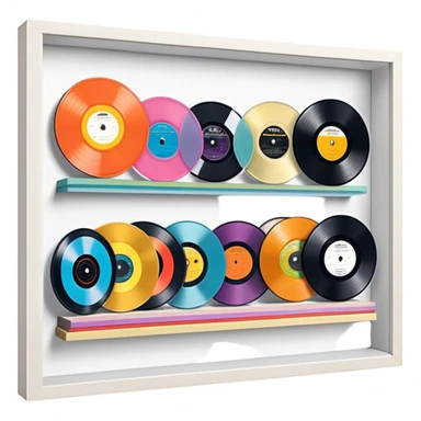Icon for Vinyl Record Collecting: colorful vinyl records in decorative packaging featuring artist images, neatly arranged on a wall or shelf. The icon should reflect the aesthetic and artistic aspect of collecting vinyl records. Transparent background. sticker