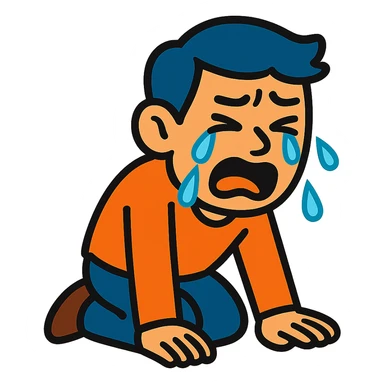 vibrant toon style sad Asian man kneeling, crying sticker