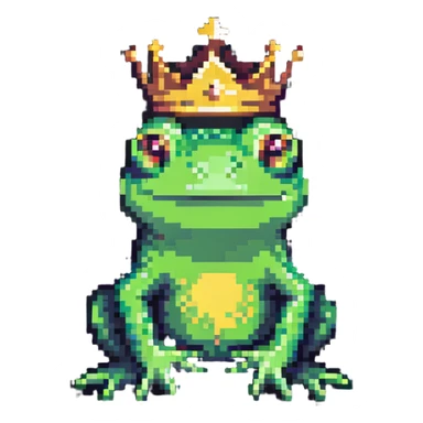 cute green frog with a crown, facing forward, pixel art style sticker