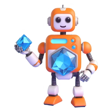 smiling robot holding a large blue diamond sticker