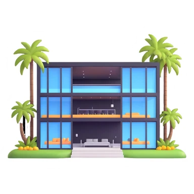 modern luxury mansion with an indoor pool visible through glass walls, palm trees sticker
