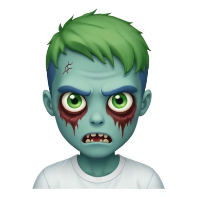 zombie boy with outgrown hair and wearing a white shirt with green prominent eyes and an evil mouth either open, blue skin sticker