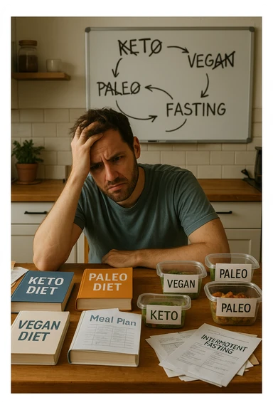 Confused man in his 30s sitting at a kitchen table cluttered with various diet books, meal plans, and food containers labeled keto, vegan, paleo, intermittent fasting. He holds his head with one hand, looking overwhelmed and frustrated. The background shows a whiteboard full of crossed-out diet names and arrows going in circles. Expression: mental fatigue, indecision, information overload. Soft lighting, slight mess to emphasize his struggle. sticker
