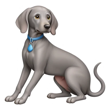 cinematic-[weimaraner]-realistic-full-body-sitting-emoji,-tail-resting-loosely-beside-its-paws,-head-tilted-dramatically, -sleek-[grey blue]-fur,-simplified-yet-realistic-focused-features,-highly-detailed,-glowing-with-an-almost-sarcastic-glow sticker