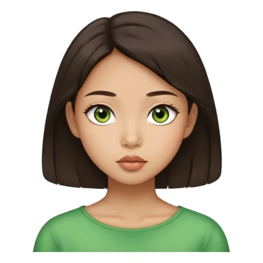 A girl with puffy lips, clear cheekbones, wide Asian eyes, green-sandy eyes.  Dark brown hair below the shoulder.  sticker