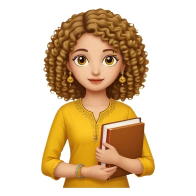 a pretty bratz girl with curly hair wearing a yellow kurti, eyeliner, jhumkas, carrying books sticker