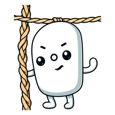 A funny cartoon character completely entangled in rope with just their face peeking out, looking silly sticker