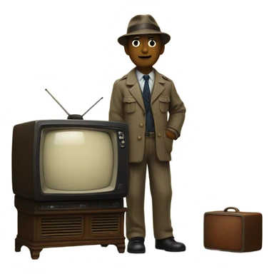 detective standing in anticipation behind a vintage TV set sticker