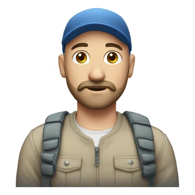 walking young bald white man wearing cap with dark soft beard & moustache sticker