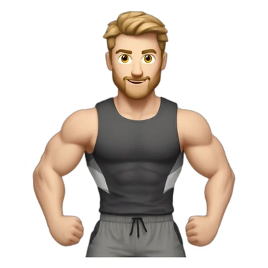 Close up Actively gesturing  with hands Pale skinned Fit Man With the biceps and brown hair in dark gray Sleeveless Mike, black oversize sports shorts, watch and white Sneakers sticker