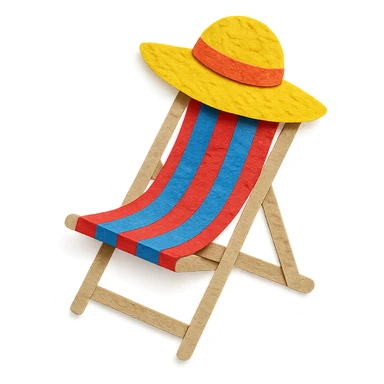 beach chair with stripes and a sun hat, bright colors, paper-craft style sticker
