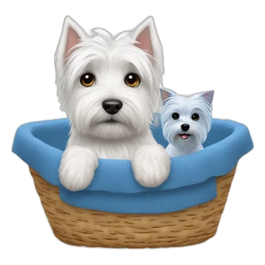 West Highland white terrier and blue dog in way too small dog basket sticker
