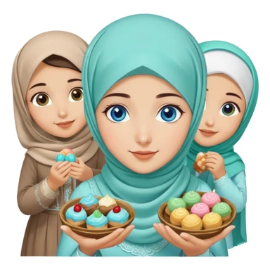 Turkish beautiful finish Konya girl blue eyes with mint hijab islamic dress and had on her hand sweets and celebrating with her friends eid days   sticker