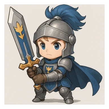 Add a Demacian crest to the chestplate and sword of the chibi baby knight, maintaining the blue and silver armor and noble expression, in a style that matches the original image's cute and noble baby knight appearance. sticker