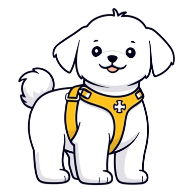 Maltese dog guiding a blind person, training in a guide harness with a blind person  sticker